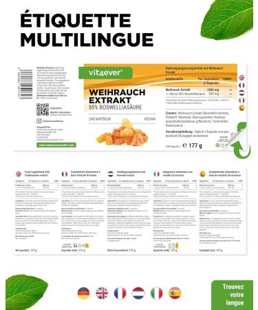 vit4ever Extrait d encens - 240 g lules v ganes - 1000 mg par portion quotidienne - Avec 85% d acides boswelliques issus de v ritable Boswellia serrata indien - Hautement dos & qualit premium - Buy Online on GoSupps.com