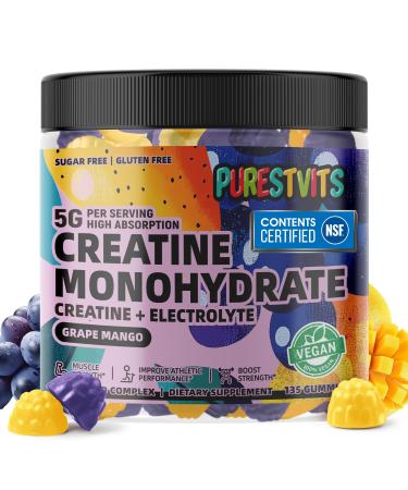Creatine Monohydrate Gummies (5g) Pre-Workout Energy & Muscle Growth Support for Men & Women | Grape Mango Electrolyte Gummies (135 Count) Grape & Mango