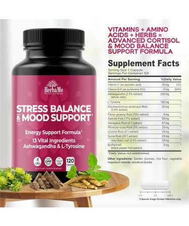 HerbaMe Cortisol Manager Supplement and Balance Mood with Ashwagandha & L-Tyrosine 120 Capsules Helps Maintain Healthy Energy Levels and Stress Relief Fatigue Reducer Pills - Buy Online on GoSupps.com