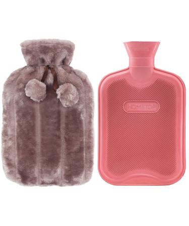 HomeTop Premium Classic Rubber Hot Water Bottle and Luxurious Faux Fur Plush Fleece Cover w/Pom Pom Decor (Nude Pink) Nude Pink/Red 2 Piece Set