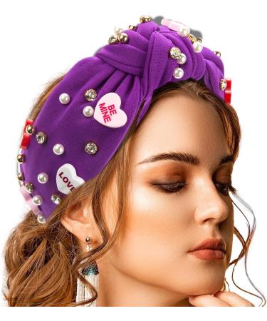 Love Heart Knotted Headband - Pink Top Knot Headband High Skull Pearl Love Heart Headband | Sophisticated Valentine's Day Headband Rhinestone Crystal Jeweled Embellished Hairband for Women Purple - Buy Online on GoSupps.com