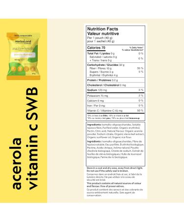 Herbaland Acerola Vit C Gummies Snacks with Benefits Vegan Low-Sugar High-Fiber Gluten-Free 45mg of Vitamin C From Organic Acerola & 10g of Organic Tapioca Fiber Per Pouch Lemon Flavor 12 x 40g (Box of 12) Compostable Pouch - Buy Online on GoSupps.com