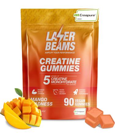 Laser Beams Creatine Monohydrate Gummies for Women & Men - 5g Creapure Creatine per Serving - Vegan, Mango Flavor - Boost Muscle Strength, Endurance, Recovery & Mental Focus (90 Gummies)