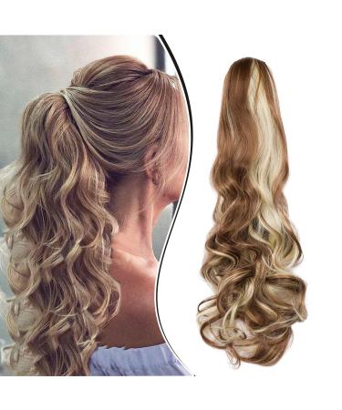 Dcbaboo Ponytail Extension Curly 18inch Claw Clip in Ponytail Hair Extensions Long Wavy Synthetic Pony tails Natural Wave One Piece Hairpiece Fake Ponytail for Women Golden Brown/Bleach Blonde 18 inch 140g Golden Brown/Bleach Blonde