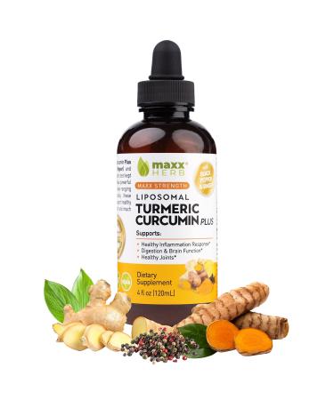 Maxx Herb Liquid Turmeric Curcumin - Liposomal Turmeric Supplement with Black Pepper BioPerine & Ginger - Max Strength Extract for Joint Health & Digestion   4 Oz Bottle (60 Servings) 4 Fl Oz (Pack of 1)