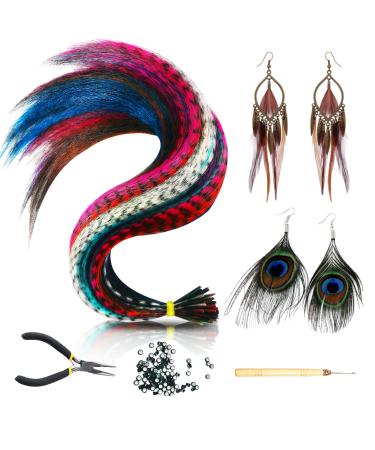 Feather Hair Extensions 16 Inches 50 Strands Colored Hair Extensions with Rooster & Peacock Feather Earrings Hair Feathers Extensions Kit with Simple Tools for Women Girls Christmas Hair Accessories 10 Colored Hair Extensions & Feather Earrings