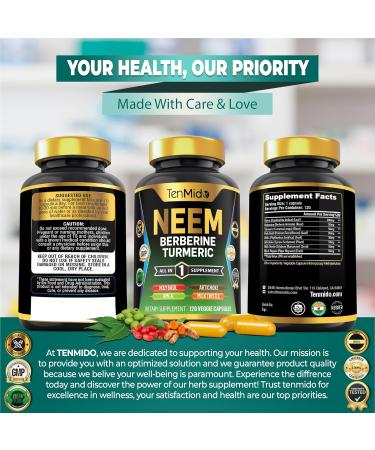 Tenmido Neem Leaf Supplement - 8in1 Formula - Combine with Berberine Turmeric Holy Basil Amla Artichoke Milk Thistle and Black Pepper - Immune Support - 120 Capsules for 4 Months Supply - Buy Online on GoSupps.com