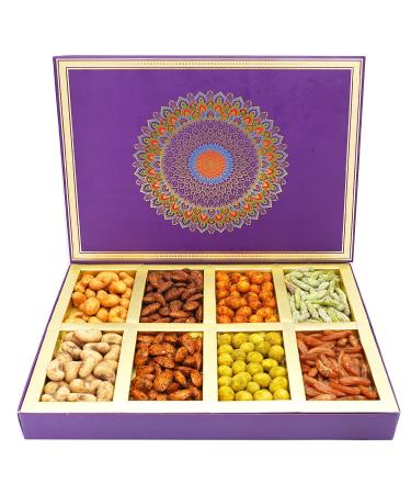 Ghasitaram Gifts Diwali Gifts Fusion 8 Parti Box of Crunchy Cashews Crunchy Peanuts Flavoured Raisins and Flavoured Almonds Box of Crunchy Kaju Peanut Flavoured Raisin Almond