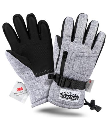 Hikenture Kids Snow Gloves, 3M Thinsulate Warm Kids Ski Gloves, Toddler Snow Gloves for Boys&Girls, Waterproof Winter Gloves Grey Small