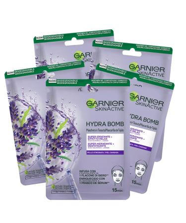 Garnier Skin Active Hydra Bomb fabric mask very moisturizing and relaxing with hyaluronic acid and lavender for stressed skin 5 pieces 5 pieces (1 -pack) moisturizing and relaxing