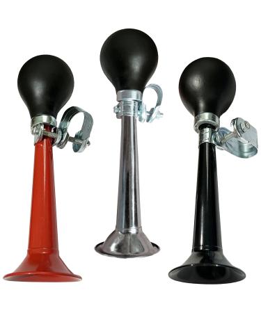 3 Pack Bike Bugle Horn Metal Air Horn Retro Metal Squeeze Bulb Clown Horn Fits Kids Bicycle Handle Bar and Golf Cart, Silver, Black , Red sliver, black and red
