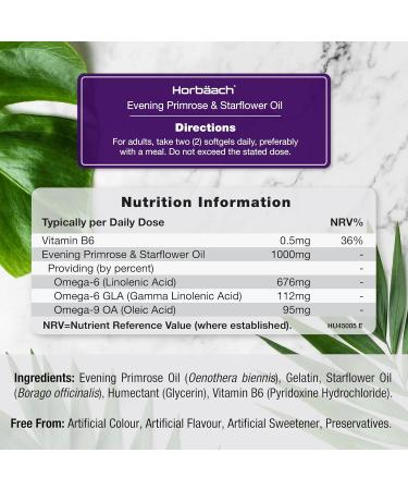 Evening Primrose and Starflower Oil Capsules 1000mg | with Vitamin B6 | 60 Softgels | Rich Source of Omega 6 GLA & 9 Oleic Fatty Acids | by Horbaach - Buy Online on GoSupps.com
