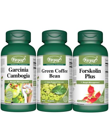 VORST Garcinia Cambogia 60 Capsules and Green Coffee Bean 90 Capsules and Forskolin Plus 60 Vegan Capsules With African Wild Mango | Weight Management Supplements | (Combo Bundles 3 Bottles)