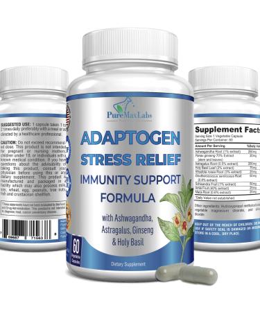 Adaptogen Stress Relief Immune Support Formula, 60 Capsules, Adrenal Support with Ashwagandha, Astragalus, Ginseng, Holy Basil, Rhodiola, Amla, Maca, Schisandra, Eleuthero, Non-GMO