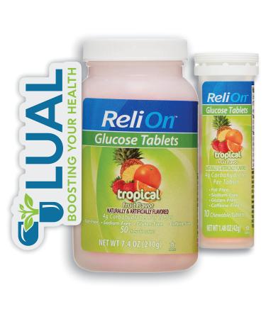 ReliOn Tropical Fruit Glucose Tablets Bundle - 50 Count Bottle and 10 Count Travel Tube - Energy Boost for Diabetes Care + Luall Sticker (Tropical)