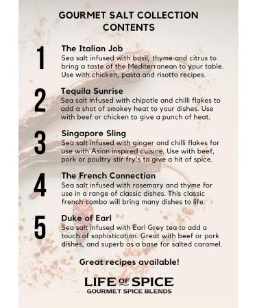 Life of Spice Gourmet Salt Collection | Flavoured Sea Salts | 375g | 5 Unique Salts with 3 Recipe Cards | Finishing Salt | Brilliant for Pizza Pasta Mexican Asian and French dishes | Great Gift - Buy Online on GoSupps.com