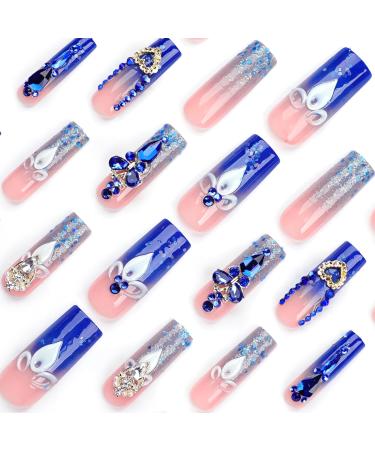 French Tip Press on Nails - Long Press On Nails with Nail Tips Blue sparkling Rhinestones fake nails Golden Love heart Design press on nails Acrylic False Nails Cute Artificial Nails - Buy Online on GoSupps.com