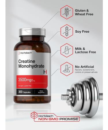 Horb ach Creatine Monohydrate Capsules 3500mg - 300 Count | Non-GMO & Gluten Free Supplement for Optimal Performance - Buy Online on GoSupps.com