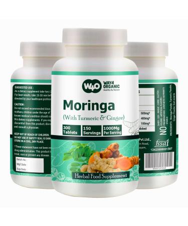 Moringa Tablets with Turmeric and Ginger 300 Pills 5 Month Supply 150 Serving 1000 Mg per Serving. One Capsule with Multiple Benefits - Supports Digestive Health(Pack of 1)