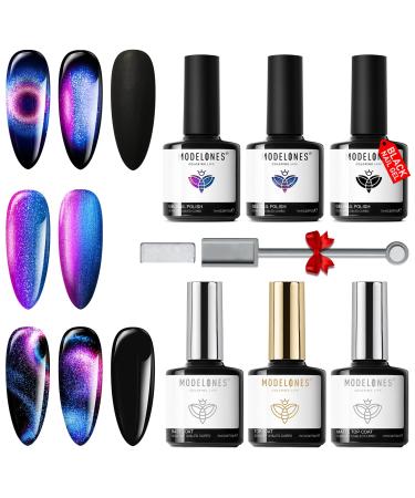 Modelones Cat Eye Gel Nail Polish- 6 Pcs 3 Colors 9D Magnet Black Blue Purple Glitter Holographic Gel Polish Set with Matte & Glossy Top Base Coat Soak Off LED Gel Kit Nail Art Manicure DIY Salon Home