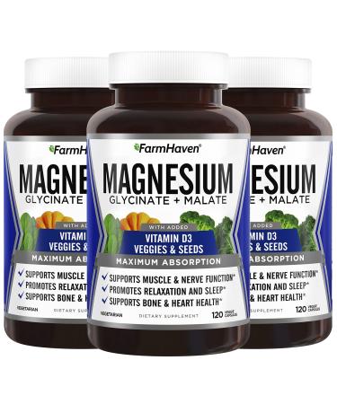 FarmHaven Magnesium Glycinate & Malate Complex w/ Vitamin D3 100% Chelated for Max Absorption Vegan Bone Health Nerves Muscles 360 Capsules 180 Days