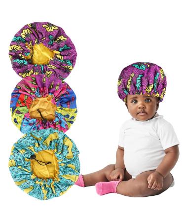 3 Pack Kids Satin Bonnets Hair Bonnet for Showering Adjustable Silky Sleeping Cap Flower Night Hats for Toddler Child Baby One Size Fun Prints-1