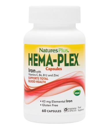 NaturesPlus Hema-Plex Iron - 60 Fast-Acting Vegetarian Capsules - 85 mg Chelated Iron - Total Blood Health - with Vitamin C & Bioflavonoids - Vegan Gluten Free - 20 Servings
