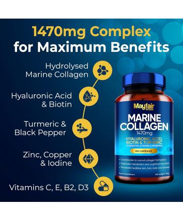 Mayfair Nutrition Marine Collagen Capsules 1470mg Complex - High Strength with Hyaluronic Acid, Biotin, Turmeric, Vitamin C, E, B2, D3 & Minerals - Women's Hydrolyzed Supplements - Made in UK - Buy Online on GoSupps.com