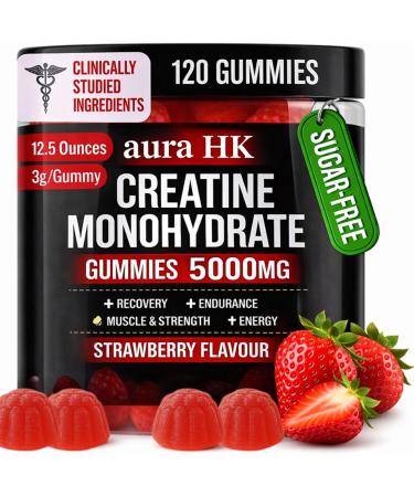 aura HK Creatine Monohydrate Gummies for Men & Women 5000 mg Strawberry Box 3rd Party Tested Creatine Chews for Muscle Growth Strength & Energy Support Sugar Free Vegan 120 Count