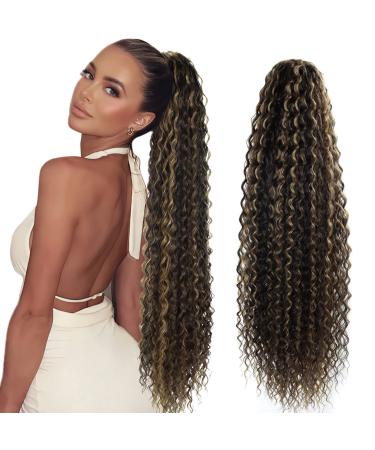 Thick Drawstring Ponytail Extensions highlights Long Curly Hair 30inch Pieces With Comb Clip in Wavy Ponytail Hair Extensions for women (190g, chocolate brown mix honey blonde) 30" Long Ponytail P4/27 Curly