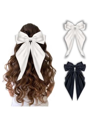 2 Packs Silky Satin Hair Bows Big Bow Hair Clips for Women Girls Hair Oversized Long Tail Hair Ribbons (1 White+ 1 Black) 1 count (Pack of 2)