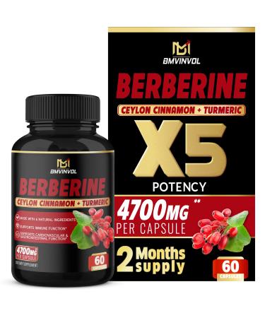 Berberine Supplement 4700mg - High Potency with Ceylon Cinnamon, Turmeric - Cardiovascular Gastrointestinal Immune Support - Berberine HCl Supplement Pills