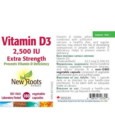 New Roots Herbal - Vitamin D3 2500 IU Extra Strength 180 Capsules - Helps to Prevent Vitamin D Deficiency - Helps in the Development and Maintenance of Bones and Teeth - Support Immune Function - Buy Online on GoSupps.com