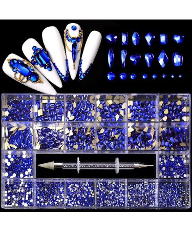 Yzzseven 12 Types of 600 Diamonds +2500 Flat Rhinestones Mix 20 Styles Flatback Rhinestone Crystals 3D Decorations Flat Back Stones Gems Set for for Nail Art DIY|(Blue)