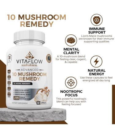 VITAFLOW 10 Mushroom Remedy- 60 Capsules with Lion's Mane, Reishi, Shiitake - Brain Boosting Immune Support - Buy Online on GoSupps.com