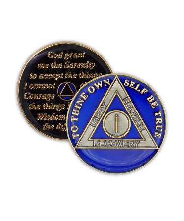 1 Year Sobriety Coin | Triplate AA Chip Recovery Anniversary Token (Blue)