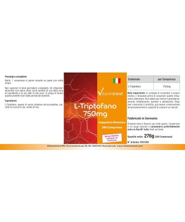  Vitamintrend L-Tryptophan 750mg - 240 tablets - vegan - high dosage | Vitamintrend  - Buy Online on GoSupps.com