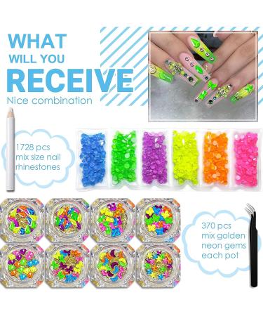 NEON 3D Nail Gem Set - 2500+ Pcs Luminous Charms for DIY Nails Art, Rhinestones for Nails with Bonus Tweezers - Iridescent Decorative Stones - Buy Online on GoSupps.com