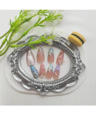 French Tip Press on Nails - 24 Pcs Almond Acrylic Nails with 3D Butterfly & Flower Charms - Glossy Summer Glue on Nails for Women - Buy Online on GoSupps.com