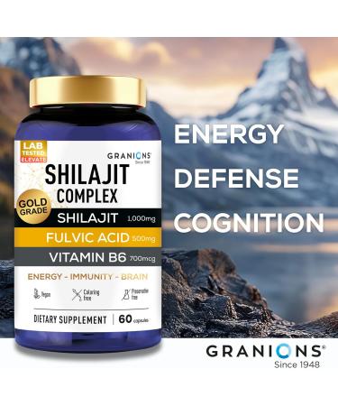 Granions Pure Shilajit for Men Capsules - Fulvic Acid Supplement 1 000mg Himalayan Shilajit with Vitamin B6 - Ultra Energy Vitality & Brain Support for Men and Women Supplements - 60 Capsules Unflavored 60 Count (Pack of 1) - Buy Online on GoSupps.com