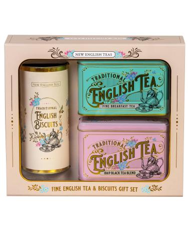 New English Teas Vintage Victorian Tea & Biscuits Gift Set with 80 Fine English Teabags 2 Tea Caddies and Luxury Cornish Biscuits - Buy Online on GoSupps.com