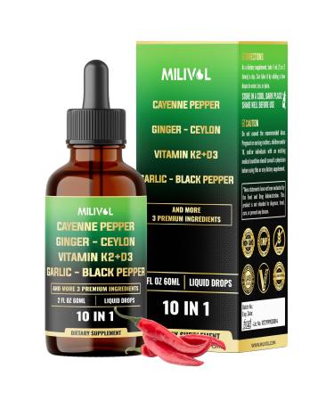 10in1 Cayenne Pepper Liquid Drops + Ginger, Ceylon Cinnamon, Vitamin D3, Vitamin K2, Garlic, Black Pepper and More - Digestion Support - 2 Fl Oz - 2 Months Supply 2 Fl Oz (Pack of 1)