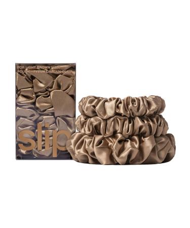 Slip Pure Silk Back to Basics Assorted Scrunchies - Light Brown - 100% Pure 22 Momme Mulberry Silk Scrunchies for Women - Hair-Friendly + Luxurious Elastic Scrunchies Set (3 Scrunchies)