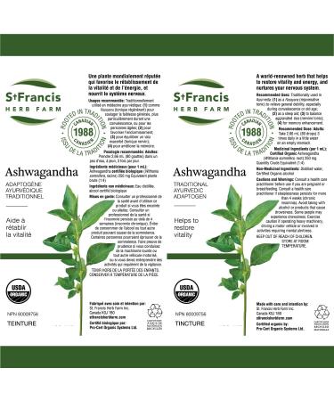 St. Francis Herb Farm Ashwagandha Tincture | Supplement for Stress Relief | Reduces Mental and Physical Fatigue | Anti-inflammatory | Gluten-Free | Organic | Non-GMO | 50mL 50 ml (Pack of 1) - Buy Online on GoSupps.com