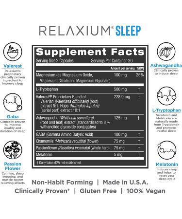 Relaxium Natural Sleep Aid | Non-Habit Forming Supplement for Longer Sleep & Stress Relief | with Magnesium, Melatonin, GABA, Chamomile & Valerian | 60 Vegan Capsules - 30 Day Supply - Buy Online on GoSupps.com