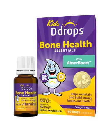 Ddrops Kids Bone Health 600 IU Vitamin D3 + 45 mcg K2-60 Drops - Helps Maintain and Build Strong Bones and Teeth. No Artificial Preservatives No Sugar Non-GMO Allergy-Friendly