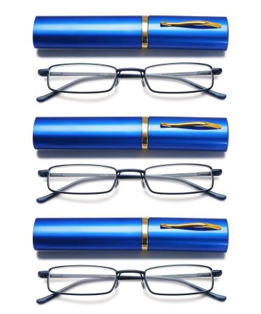 Vevesmundo metal reading glasses mini compact light spring hinge narrow classic reading aid glasses with metal etui 3 pieces blue reading glasses 3.5 x