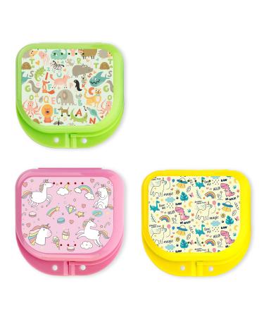 Retainer Cases Cute Retainer Holder Case 3 Pack Aligner Case with Funny Cartoon Night Guard Case with Animals Dinosaurs and Unicorn Patterns (Green Yellow Pink)