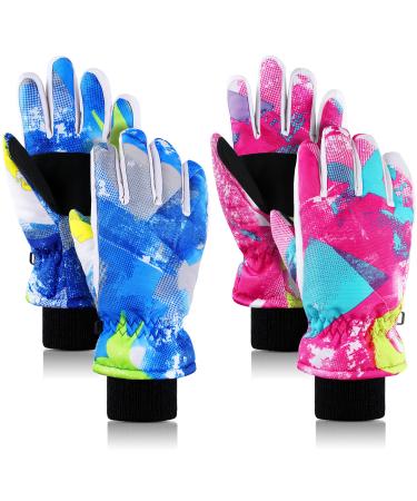 2 Pairs Kids Winter Snow Waterproof Warm Ski Glove Unisex Anti-Slip Thermal Watercolor Gloves for Cold Weather Boys and Girls Regular Style