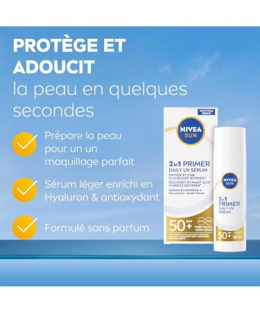 NIVEA SUN S rum Primer Quotidien UV 2en1 SPF 50+ (1 x 30ml) - S rum Visage hydratant enrichi en Acide Hyaluronique - Base de maquillage - Soin avec cran solaire visage SPF 50+ sans parfum S rum Primer UV 2EN1 - Buy Online on GoSupps.com